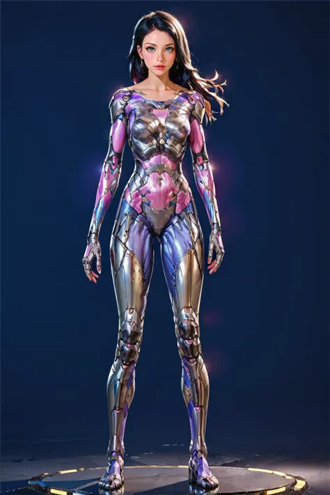 a woman in a metallic bodysuit standing on a platform