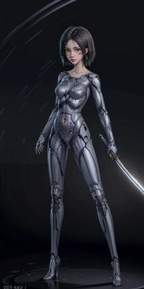 a woman in a futuristic suit holding a sword in her hand