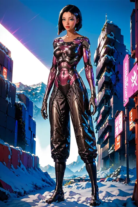 a woman in a futuristic outfit standing in a snowy city