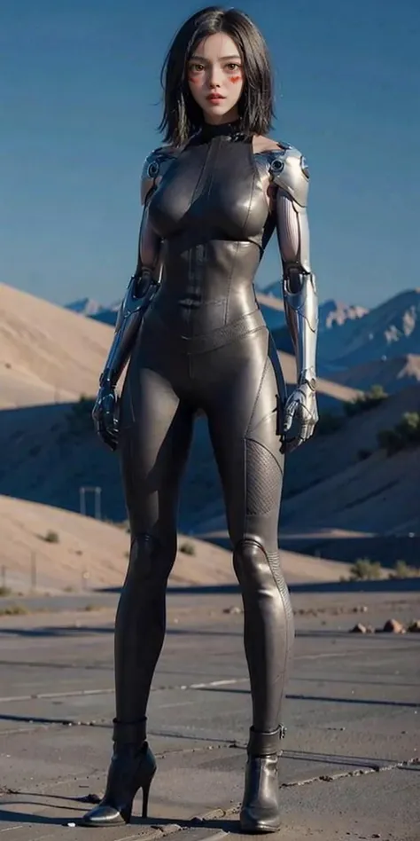 a woman in a black wetsuit and high heels standing in the desert