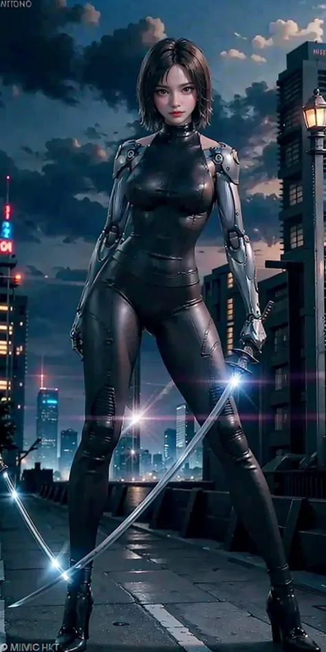 a woman in a black suit holding a sword in a city