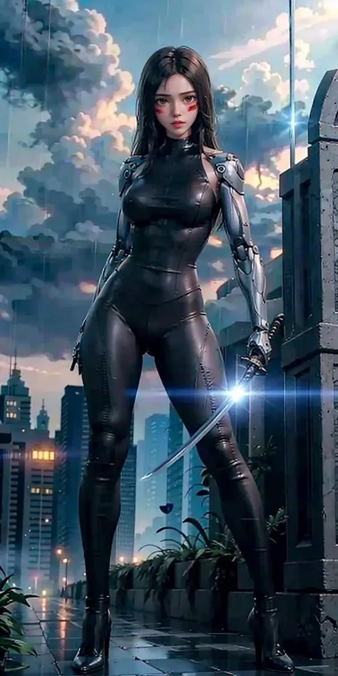 a woman in a black suit standing in front of a city