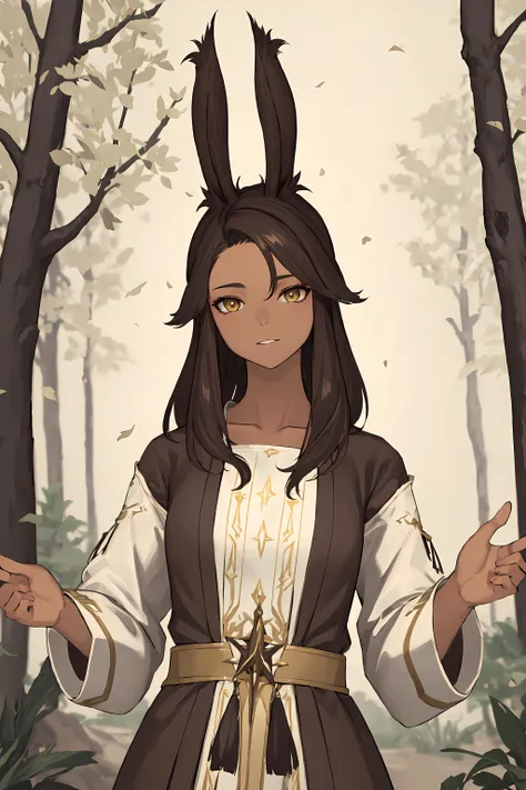 <lora:Sierra:0.7> sierra, masterpiece, best quality, 1girl, solo, brown hair, rabbit ears, yellow eyes, brown skin, landscape, forest, light rays, light particles, caster attire, wand, casting magic