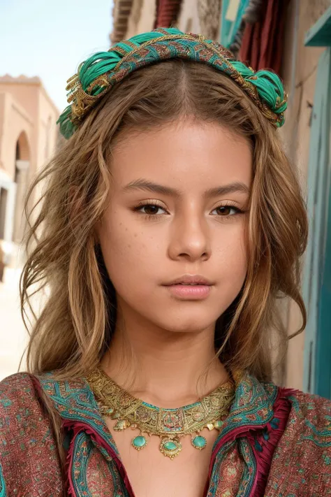 a close up of a woman wearing a headband and a necklace