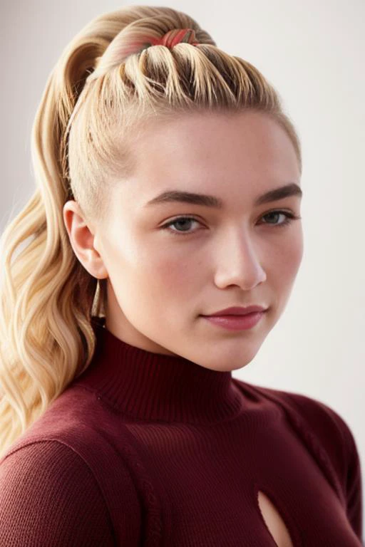 photo of FlorencePugh3, Green Sweater, portrait, hair, (studio wall), smile, detailed face, intricate, elegant, sharp focus, photo by, soft lighting, vibrant colors, masterpiece, detailed face, beautiful ,