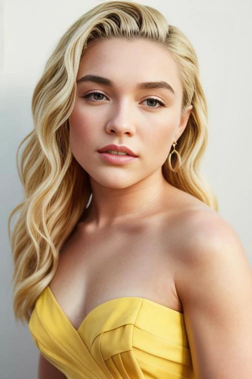 photo of FlorencePugh3, portrait, yellow dress, hair, (white studio wall), detailed face, intricate, elegant, sharp focus, photo by, soft lighting, vibrant colors, masterpiece, detailed face, beautiful ,