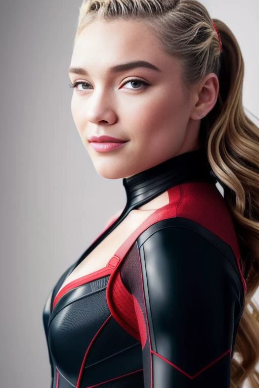 photo of FlorencePugh3, Black widow costume, portrait, hair, (white studio wall), smile, detailed face, intricate, elegant, sharp focus, photo by, soft lighting, vibrant colors, masterpiece, detailed face, beautiful ,