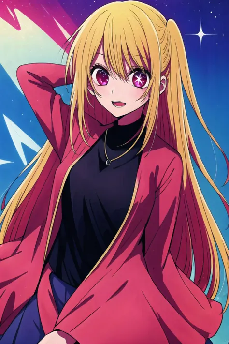 a woman with long blonde hair and pink eyes standing in front of a blue sky