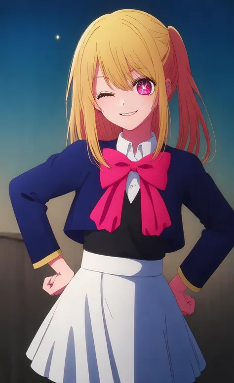 anime girl with blonde hair and pink bow in a blue jacket