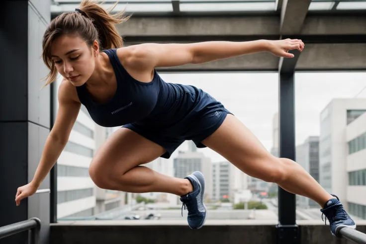 full body,photo of a 25 year old girl,Parkour,happy,ray tracing,detail shadow,shot on Fujifilm X-T4,85mm f1.2,sharp focus,depth of field,blurry background,bokeh,lens flare,motion blur,<lora:add_detail:1>,