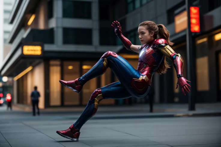 marvel movie,full body,wide shot,photo of a 18 year old girl,ironman,parkour,happy,ray tracing,detail shadow,shot on fujifilm x-...