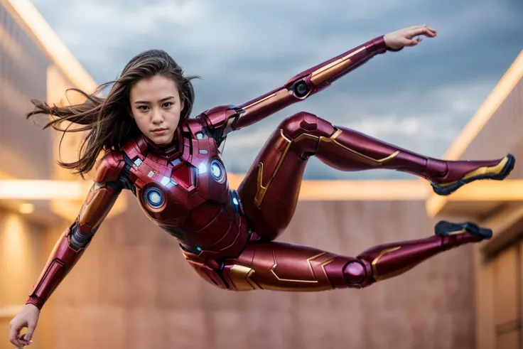 marvel movies,full body,photo of a 18 year old girl,ironman,parkour,happy,ourtdoor,windy,street,tokyoray tracing,detail shadow,s...