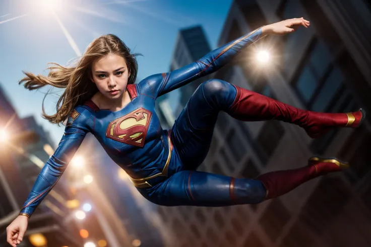 dc movies,full body,photo of a 18 year old girl,supergirl,parkour,happy,ourtdoor,windy,street,tokyoray tracing,detail shadow,sha...