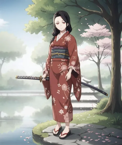 anime girl in kimono outfit holding a sword standing on a rock