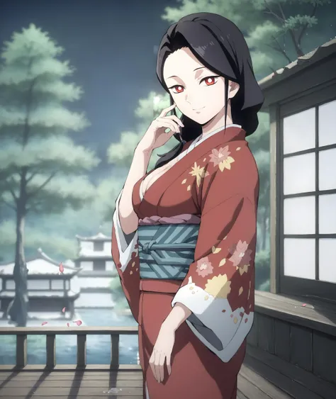 anime girl in kimono outfit standing on a deck with a phone