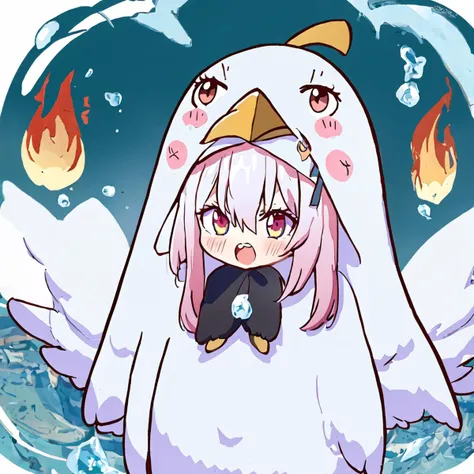 (masterpiece:1,2), best quality,bird costume
1girl, solo, long hair, red eyes, smile, bangs, blush,hair between eyes, upper body, looking at viewer,  breasts, water, teeth, very long hair, bubble, long sleeves, upper teeth only, water background, cast fire...