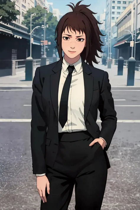 masterpiece, best quality, ultra-detailed, Tendou, 1girl, black necktie, shirt, formal, suit, ponytail, white shirt, collared shirt, black jacket, solo, long sleeves, black pants, bangs, sidelocks, shirt tucked in, black suit, brown eyes, scar on face, sta...