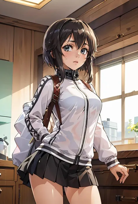 (masterpiece, best quality), 1girl,  <lora:hayasui-09:0.8> hayasuiKC, 1girl, solo,short hair, long sleeves,white jacket,miniskirt, black skirt, track jacket