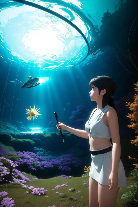 1girl, [ (by Ekaterina Panikanova:1.3) and (Brian Mashburn:1.1) ::14], masterpiece Unreal Engine, dramatic Abstract, deep green forest and Radio galaxy in background, cyberdelic, under water, establishing shot of a Literal Gruesome ("The Conversion of Sain...