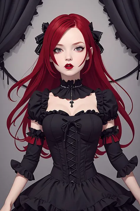 (masterpiece, best quality), 1girl, red hair, medium chest, gothic frill dress, pervert face,