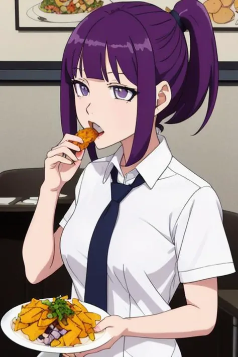 1girl, anime screencap, asymmetrical bangs, bangs, blue neckwear, breasts, eating, food, hair ornament, highres, holding, holding_food, large breasts, looking down, mieruko-chan, necktie, orange_hair, purple eyes, school uniform, screencap, shirt, stitched...