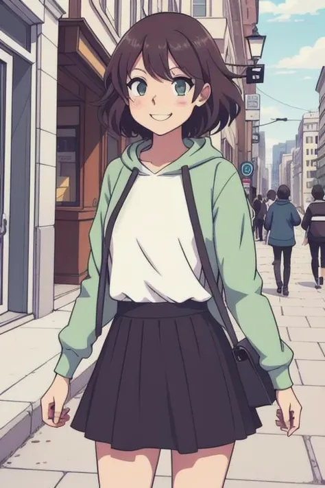 (best quality:0.8) perfect anime illustration, a pretty, happy woman with short curly brown hair on the street in the city, wearing a hoodie, skirt