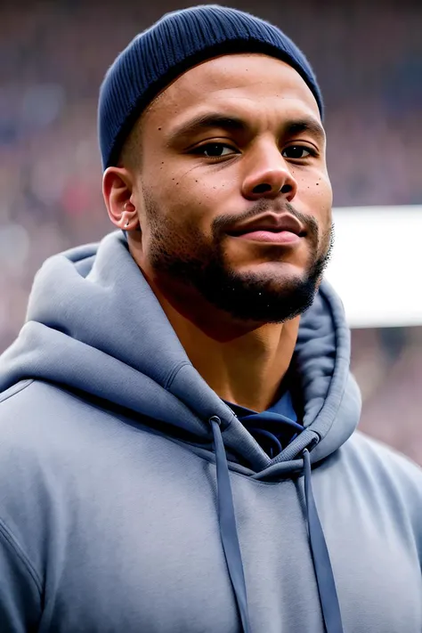 a photo of DPr35c0tt, a man, RAW, close portrait photo, (beard), blue hoodie, (blue cap), stands in the background, football stadium, (high detailed skin:1.2), 8k uhd, dslr, soft lighting, high quality, film grain, Fujifilm XT3 sharp focus, f 5.6