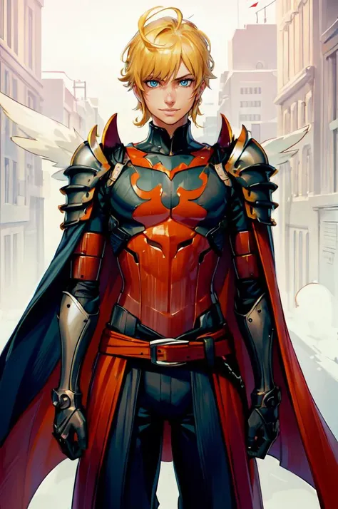 <lora:OmarDogan_08v2:0.9> red theme,, ultra detailed, masterpiece, best quality,, solo, smile, 1boy, blue eyes, medium blonde hair, parted bangs, hair intakes, male focus, muscular male,, armor, pauldrons, cuirass, gauntlets, waist cape, greaves, black bod...