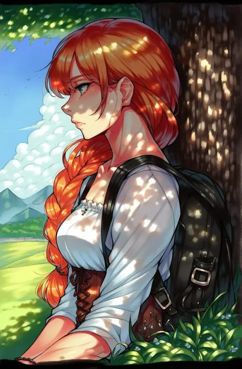 a woman with red hair and a backpack sitting under a tree