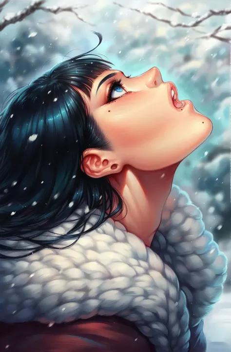 score_9,score_8_up,score_7_up,score_6_up,score_5_up,score_4_up 1girl,solo,long hair,short hair,open mouth,bangs,blue eyes,black hair,outdoors,parted lips,teeth,mole,blurry,from side,lips,fur trim,eyelashes,profile,makeup,depth of field,looking up,portrait,...