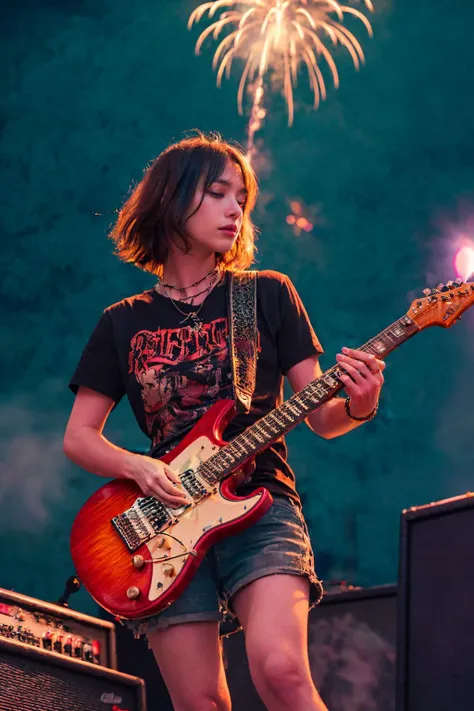 araffe playing a guitar on stage with fireworks in the background