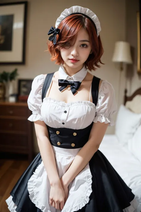 a close up of a woman in a maid outfit posing for a picture