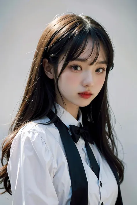 a close up of a woman wearing a white shirt and black tie