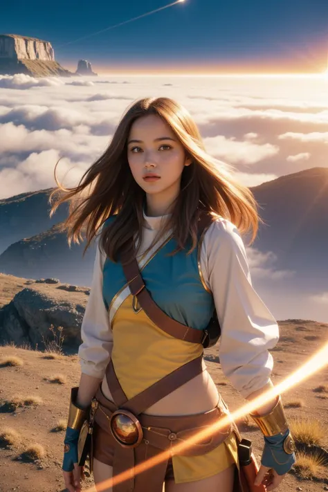 a woman in a yellow and blue outfit standing on top of a mountain