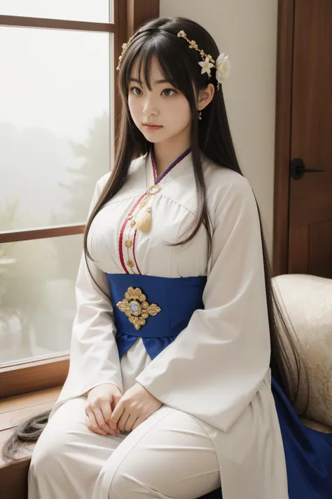 a woman in a white and blue dress sitting on a window sill