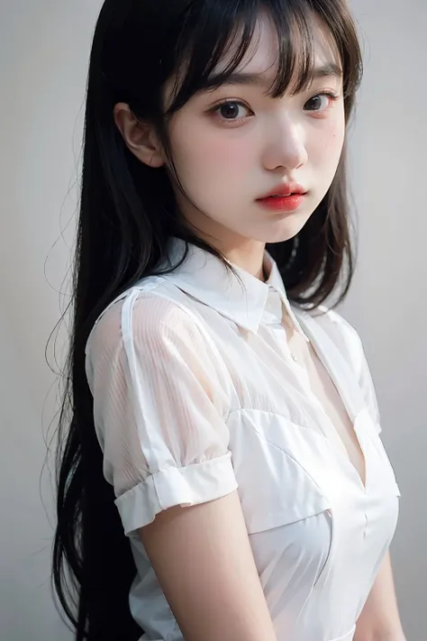 a close up of a woman with long hair wearing a white shirt