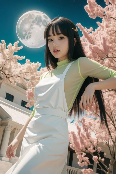 a woman in a white dress standing in front of a tree