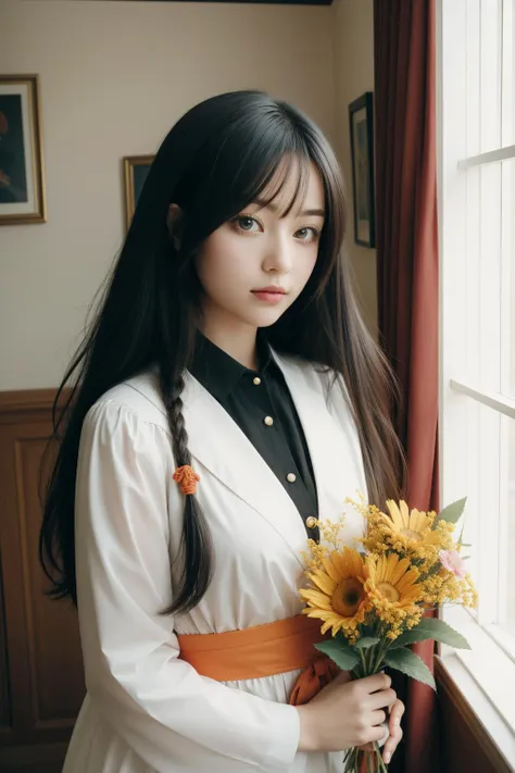 arafed asian woman in white dress holding a bouquet of flowers