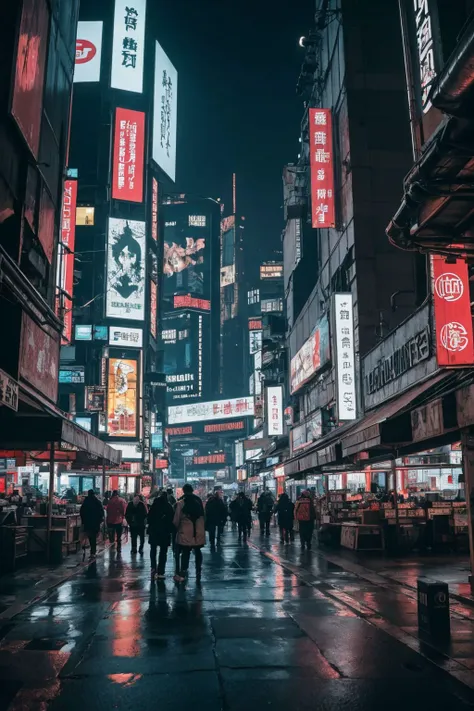 people walking down a city street at night with neon signs