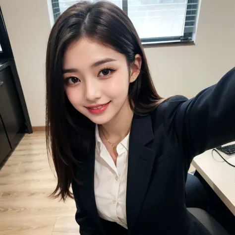 arafed woman in a black suit taking a selfie in an office