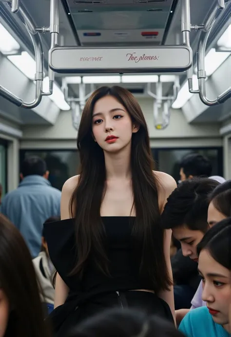 <lora:Jisoo_for_FLUX:0.7>,jisoo is a beautiful very young girl named Kim Ji soo,
transparent and makeup,mysterious light through the dark clouds,harvey rain,
big smoke text "buzz me please" in background,in a subway car,many passengers,