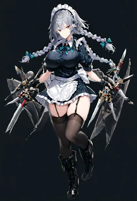 a woman in a maid outfit holding two swords and a sword