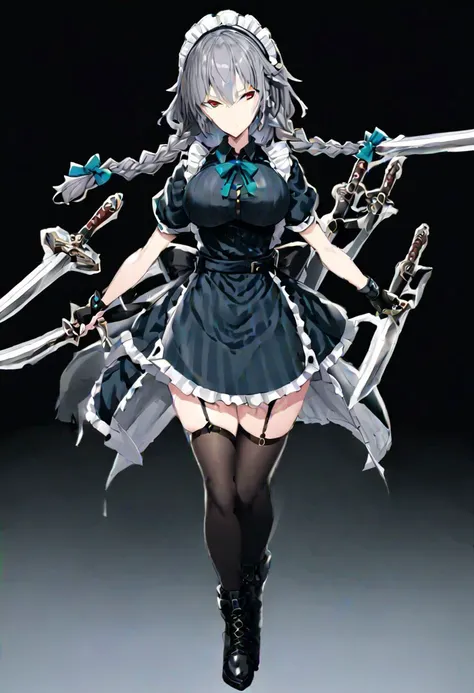 a woman in a black dress holding two swords and a sword