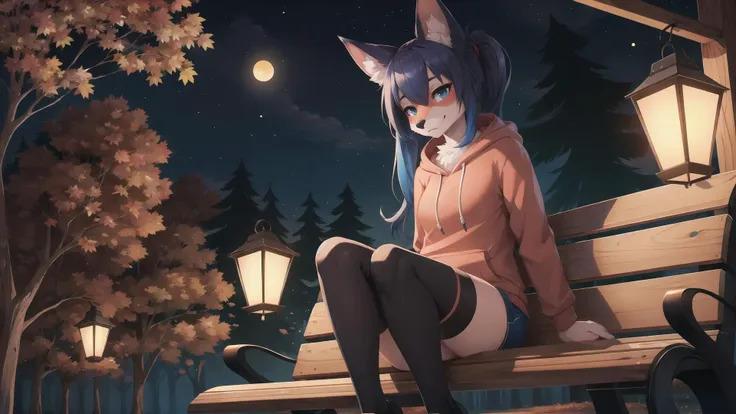 anime girl sitting on a bench in the woods at night