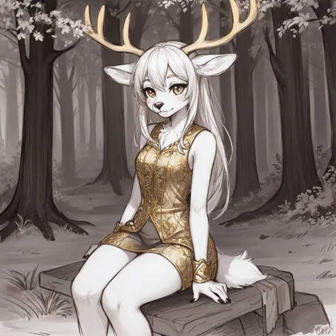 (anthro deer girl, antlers, mottled fur:1.2),, (1girl) (sketch) (sitting, forest background, reverse outfit, gold trim) monochro...