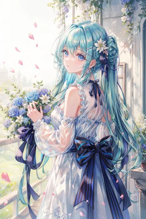 a close up of a girl with long blue hair holding flowers