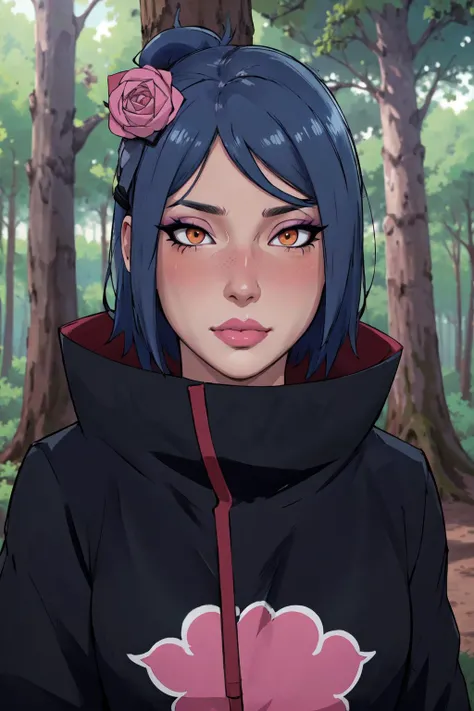 (masterpiece, best quality:1.3), 1girl, <lora:Character_Naruto_Konan:0.6> konan (naruto), upper body, akatsuki outfit, blue hair, orange eyes, solo, blush, eyeliner, nose blush, pink lips, looking at viewer, outdoors, forest, tree (detailed, highres:1.4) <...