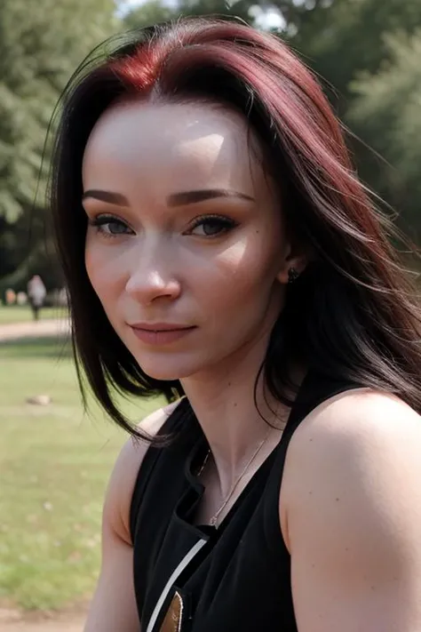 a punk woman walking through a park, BREAK trees, hedge, BREAK embedding:alice03, BREAK closeup photo, bokeh