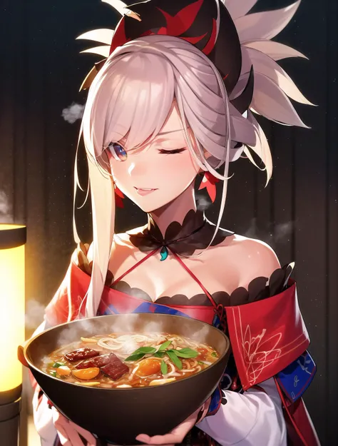 ((Best quality)), ((masterpiece)), ((realistic)), ((Miyamoto Musashi)), the character from Fate/Grand Order, in a wide portrait. Musashi is depicted enjoying a steaming bowl of ramen with gusto. Her chopsticks in hand, she eagerly lifts a mouthwatering str...