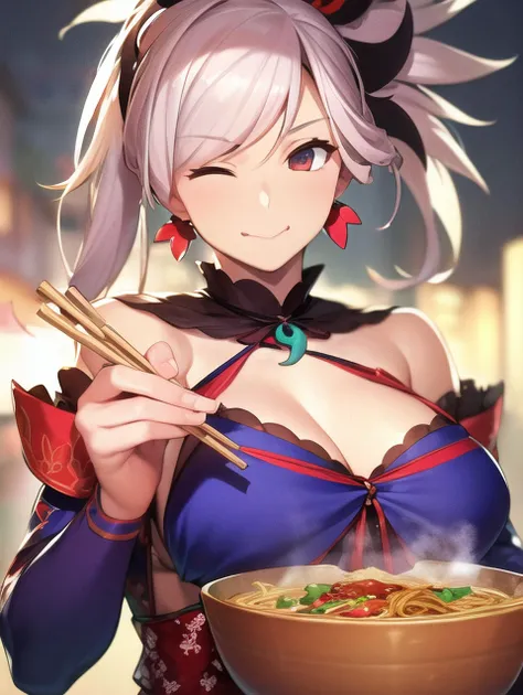 ((Best quality)), ((masterpiece)), ((realistic)), ((beautiful)), a portrait of Miyamoto Musashi from Fate/Grand Order, enjoying a bowl of ramen with gusto. Her cheeks are full as she slurps the noodles and broth with relish, savoring every bite. The steam ...